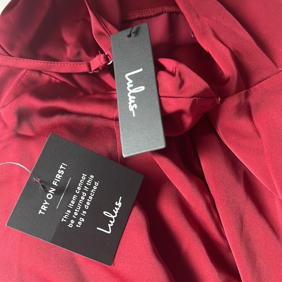 LULU’S Red Satin Cowl Neck Faux-Wrap Maxi Dress - Picture 7 of 7